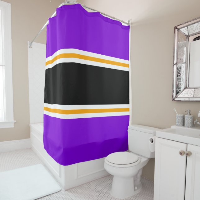 Bright Purple Black White Yellow Racing Stripes Shower Curtain (In Situ)