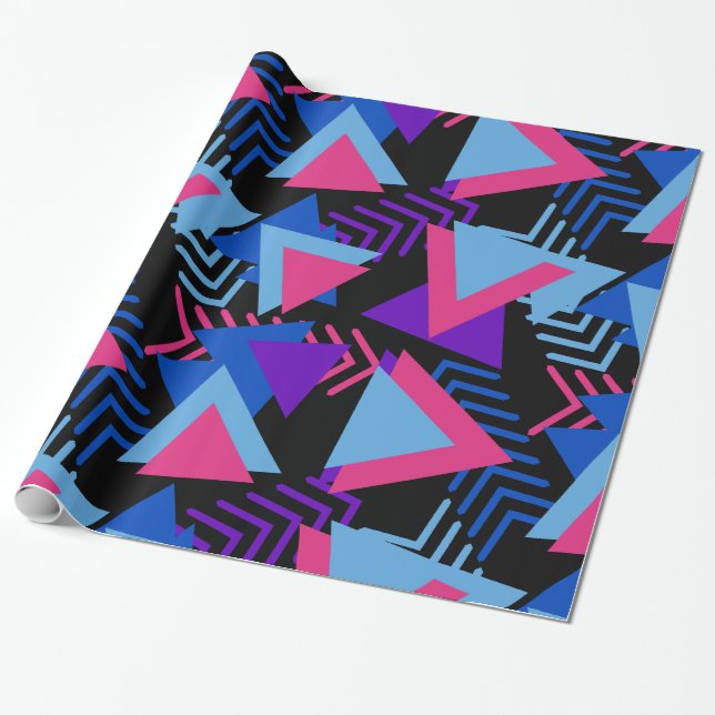 Bright Purple, Blue, Pink 80's Background Pattern Wrapping Paper (Unrolled)