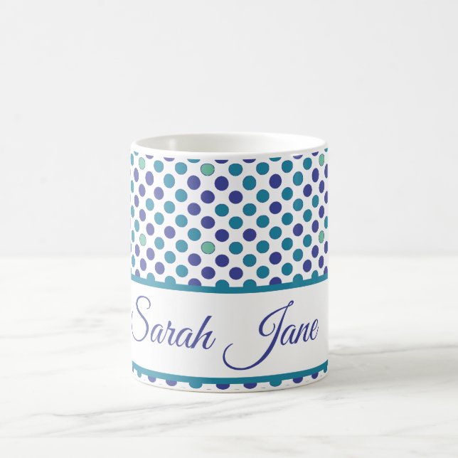 bright purple & Blue polka dots Custom script name Coffee Mug (Center)