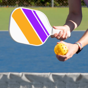 Bright Purple Bold Yellow Racing Stripes On White Pickleball Paddle