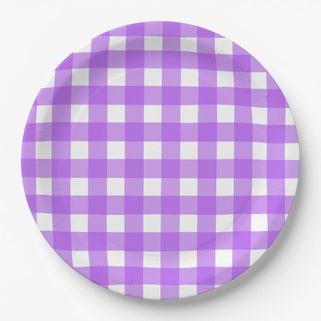 Bright purple gingham paper plate (Front)