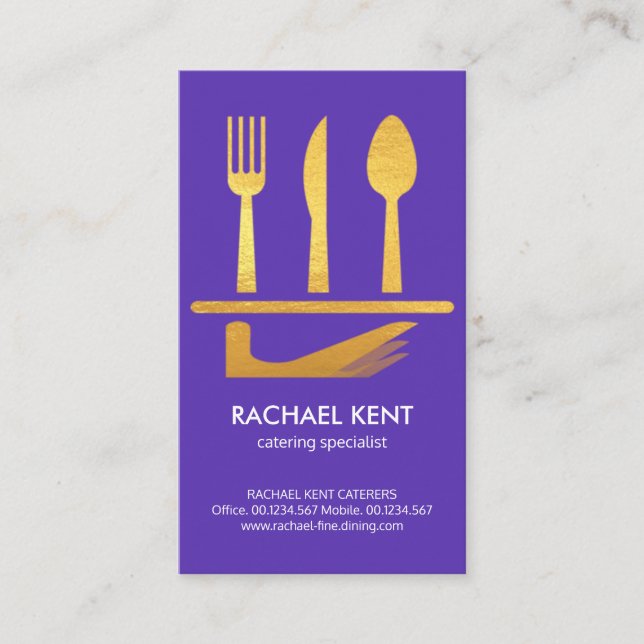 Bright Purple Gold Serving Dish Cutlery Set Business Card (Front)
