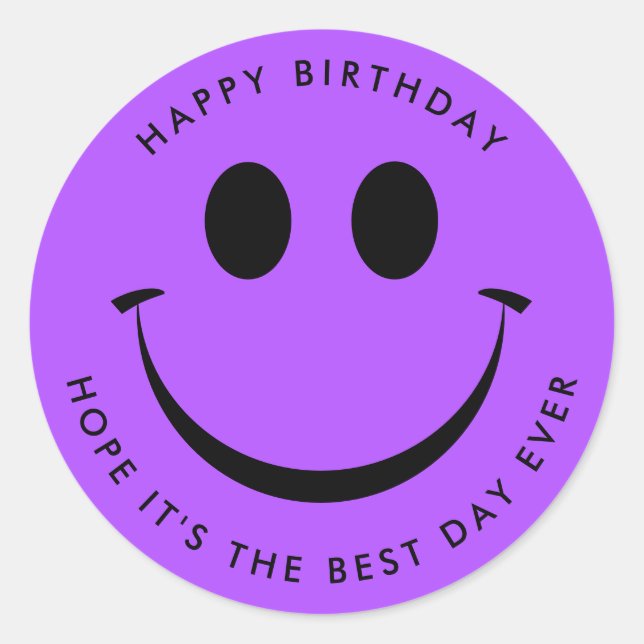 Bright Purple Happy Face Birthday Classic Round Sticker (Front)