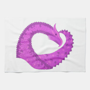 Bright purple heart dragon on white tea towel