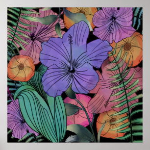 Bright purple hibiscus tropical flower garden poster