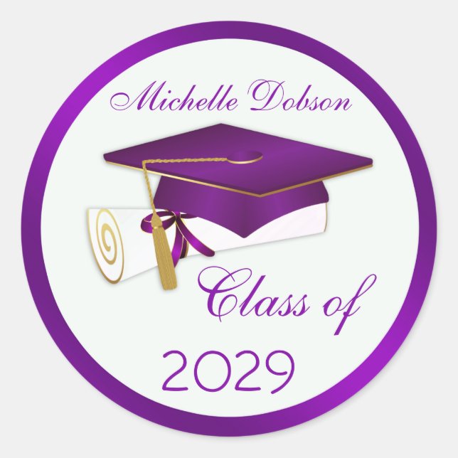 Bright purple mortar, diploma Graduation Classic Round Sticker (Front)