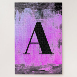 Bright Purple Pink & Black Monogram Jigsaw Puzzle