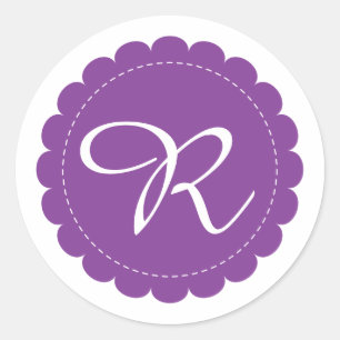 Bright Purple Scalloped Circle Cursive Monogram Classic Round Sticker