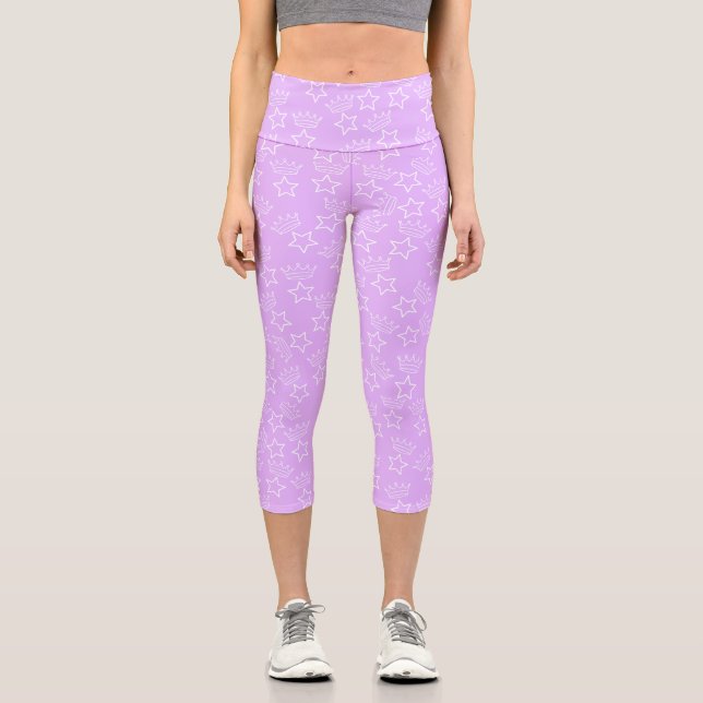 Bright Purple Star & Crown Pattern Capri Leggings (Front)