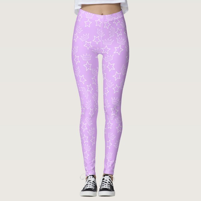Bright Purple Star & Crown Pattern Leggings (Front)