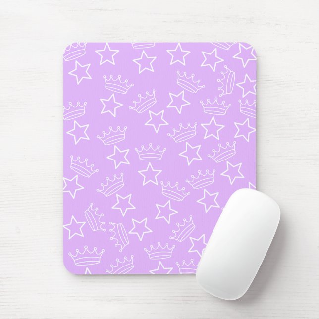 Bright Purple Star & Crown Pattern Mouse Pad (With Mouse)