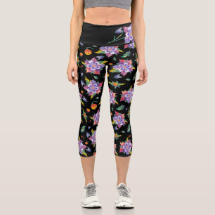 Bright Purple Stylised Columbine Flower on Black Capri Leggings