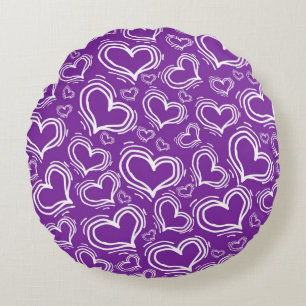 BRIGHT PURPLE WITH WHITE HEARTS AND FLOWERS ROUND CUSHION