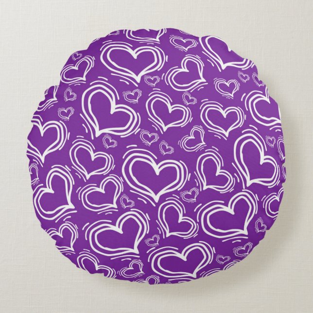 BRIGHT PURPLE WITH WHITE HEARTS AND FLOWERS ROUND CUSHION (Front)