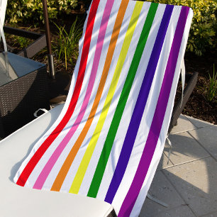 Bright Rainbow and White Vertical Stripes Beach Towel