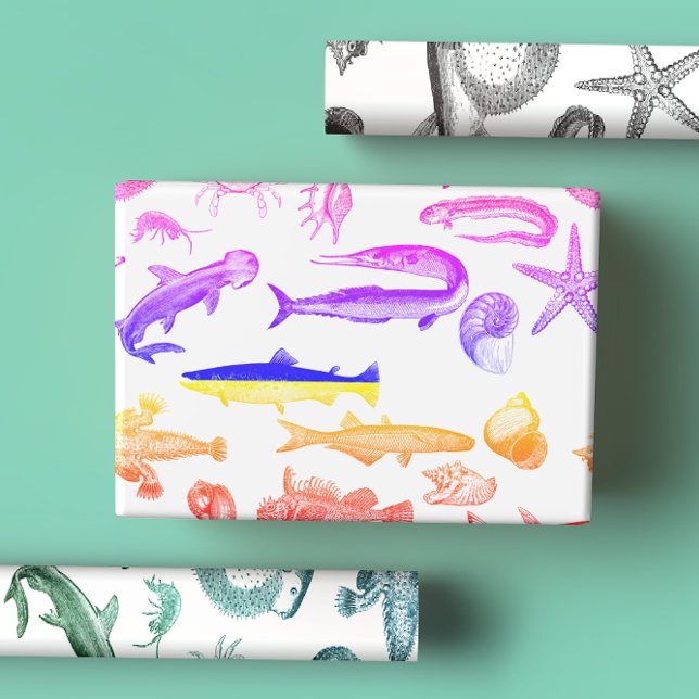 Bright Rainbow, Blue & Green Sea Creatures  Wrapping Paper Sheet (Creator Uploaded)
