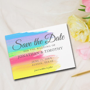 Bright Rainbow Cheerful LGBTQ Modern Gay Couple Save The Date