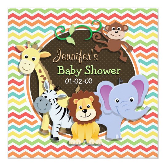 Bright Rainbow Chevron Zoo Animals Baby Shower Card