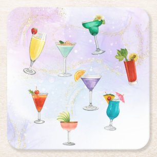 Bright rainbow cocktail party fun drinks celebrate square paper coaster