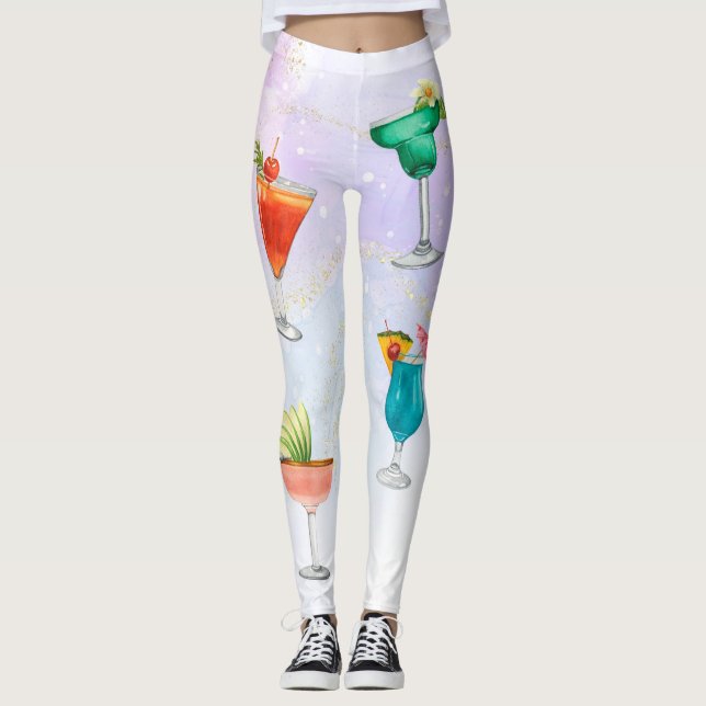 Bright rainbow cocktail party fun drinks leggings (Front)