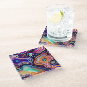 BRIGHT RAINBOW COLORED AGATE LOOK GLASS COASTER