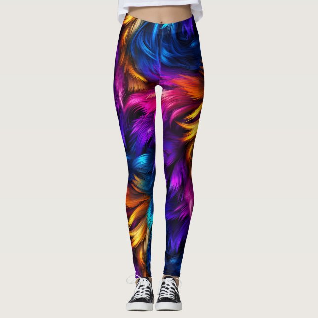 Bright Rainbow faux monster fur texture Leggings (Front)