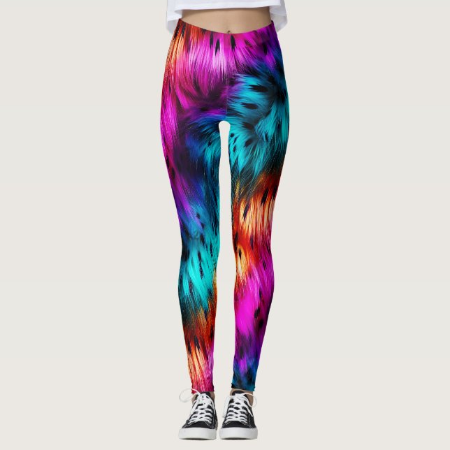 Bright Rainbow faux monster fur texture Leggings (Front)
