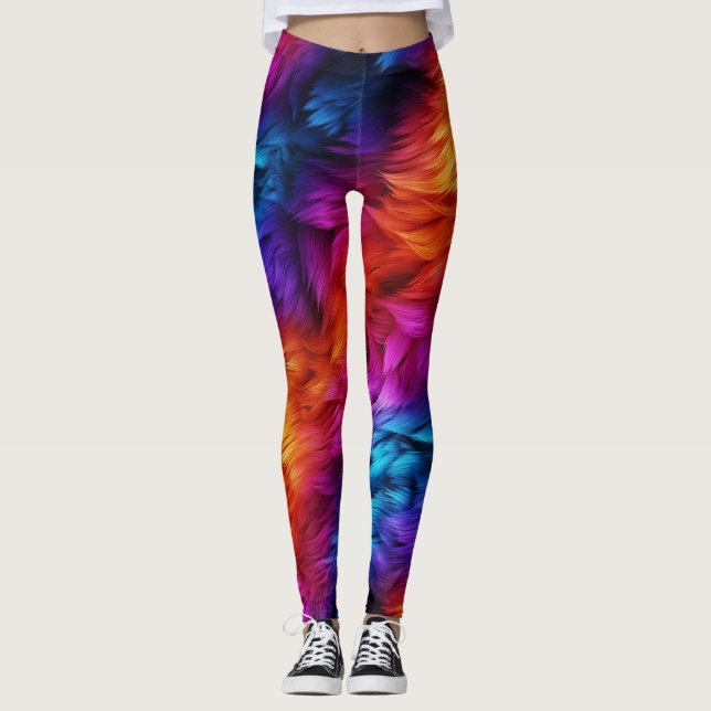 Bright Rainbow faux monster fur texture Leggings (Front)