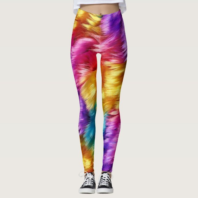 Bright Rainbow faux monster fur texture Leggings (Front)