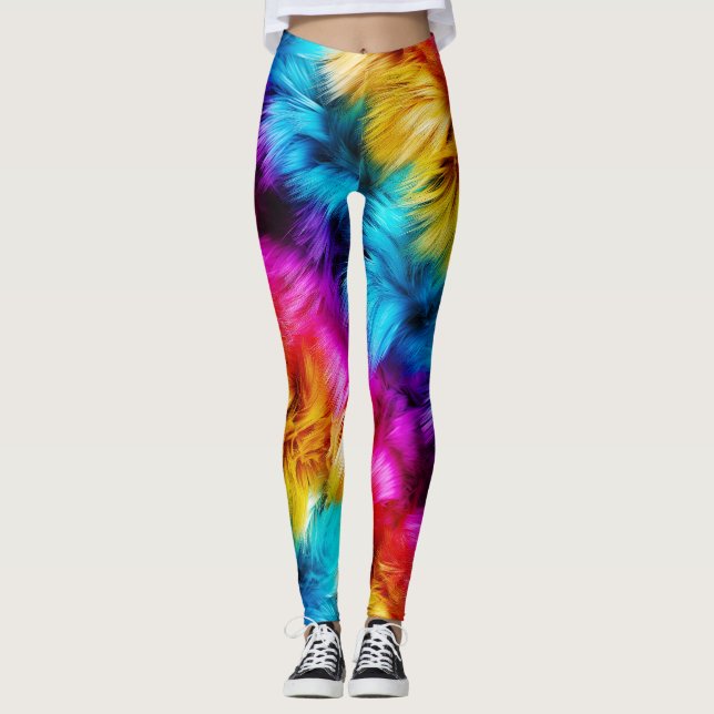 Bright Rainbow faux monster fur texture Leggings (Front)