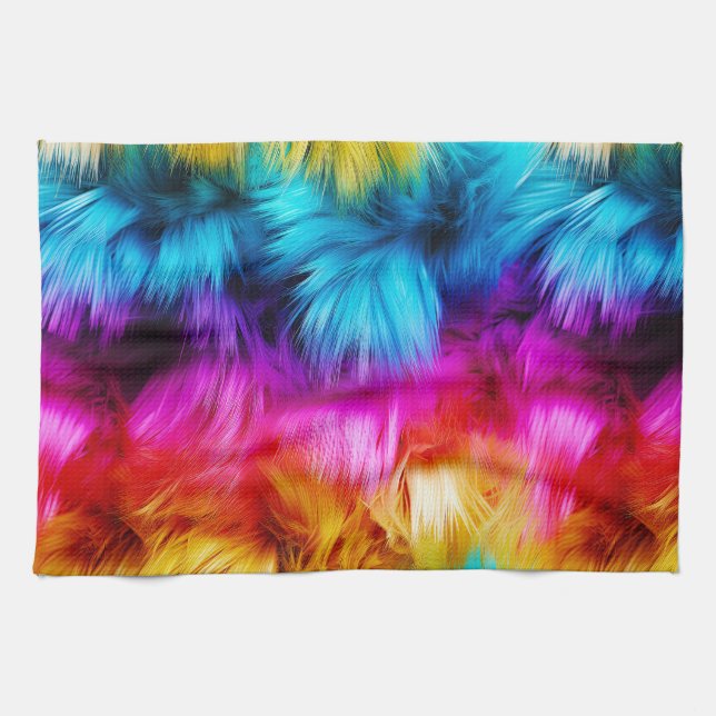 Bright Rainbow faux monster fur texture Tea Towel (Horizontal)