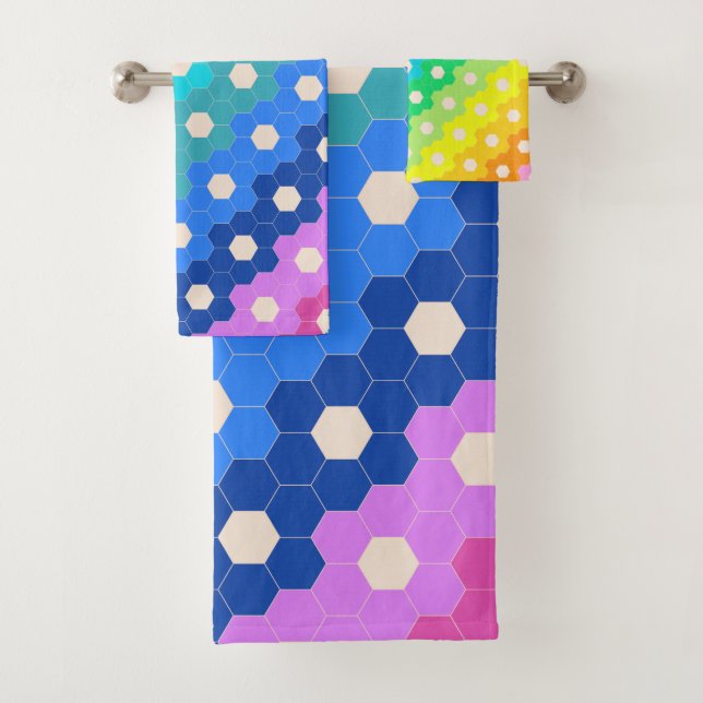 Bright Rainbow Geometric Hexagon Flower Pattern Bath Towel Set (Insitu)