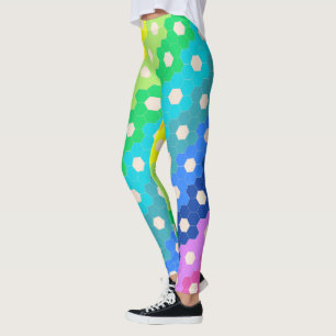 Bright Rainbow Geometric Hexagon Flower Pattern Leggings