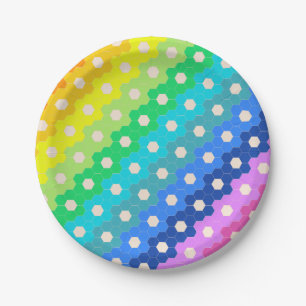 Bright Rainbow Geometric Hexagon Flower Pattern Paper Plate