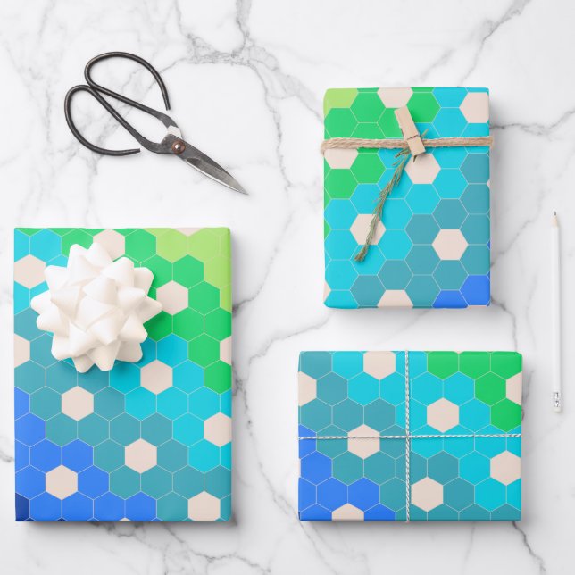 Bright Rainbow Geometric Hexagon Flower Pattern Wrapping Paper Sheet (Front)