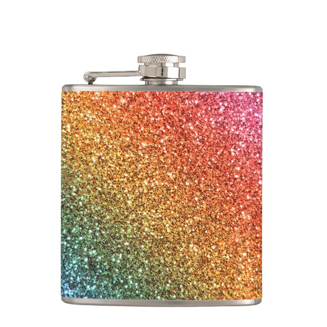 Bright rainbow glitter hip flask (Front)