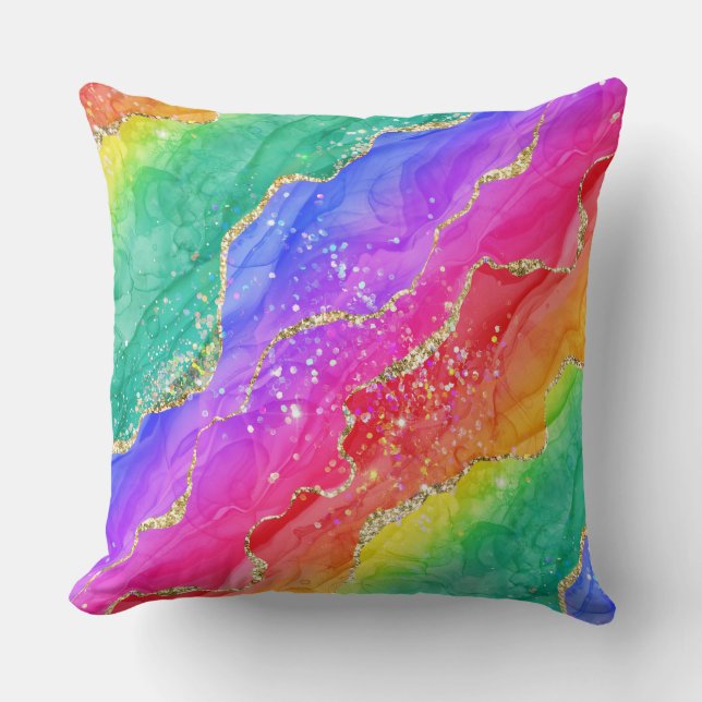 Bright Rainbow & Gold Faux Glitter Agate Cushion (Front)