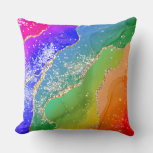 Bright Rainbow & Gold Faux Glitter Agate Cushion