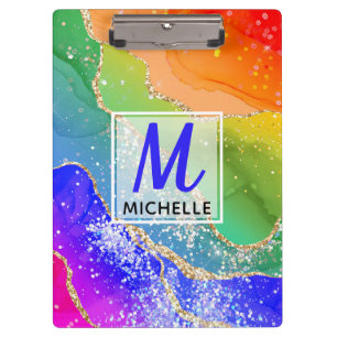 Bright Rainbow & Gold Faux Glitter Agate Monogram Clipboard