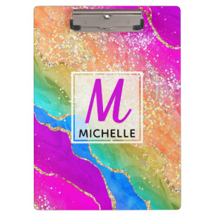 Bright Rainbow & Gold Faux Glitter Agate Monogram Clipboard