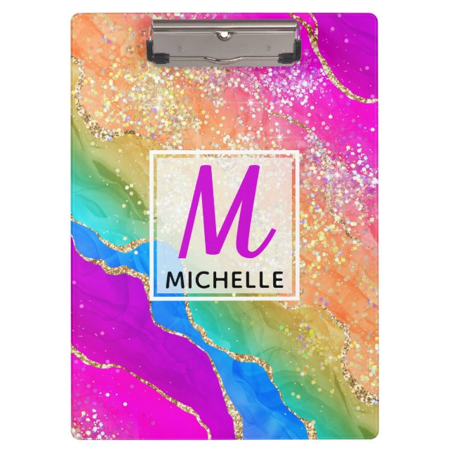 Bright Rainbow & Gold Faux Glitter Agate Monogram Clipboard (Front)