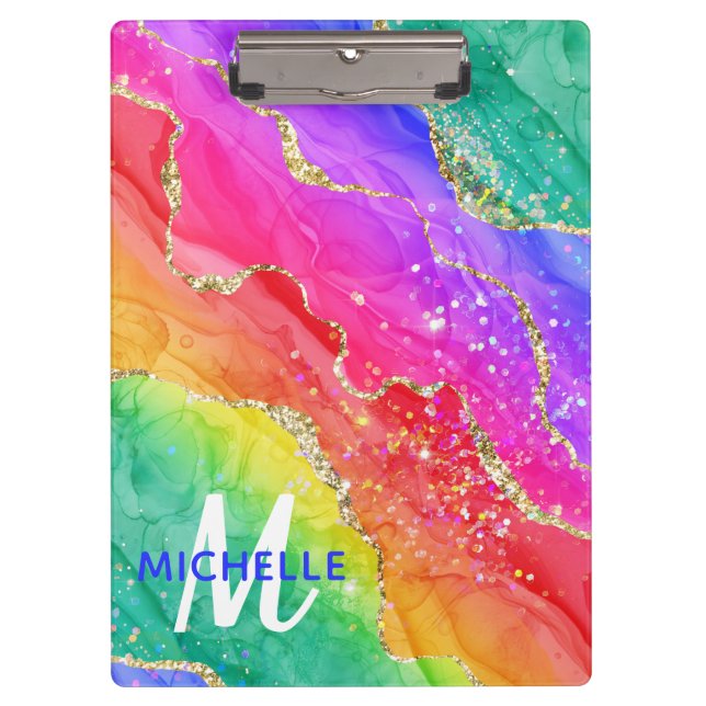 Bright Rainbow & Gold Faux Glitter Agate Monogram Clipboard (Front)