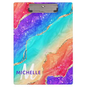 Bright Rainbow & Gold Faux Glitter Agate Monogram Clipboard
