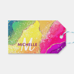Bright Rainbow & Gold Faux Glitter Agate Monogram Gift Tags