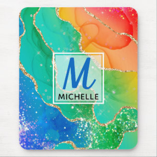 Bright Rainbow & Gold Faux Glitter Agate Monogram Mouse Pad