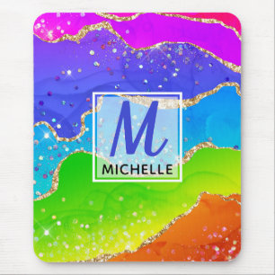 Bright Rainbow & Gold Faux Glitter Agate Monogram Mouse Pad