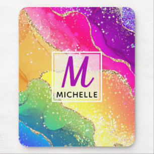 Bright Rainbow & Gold Faux Glitter Agate Monogram Mouse Pad