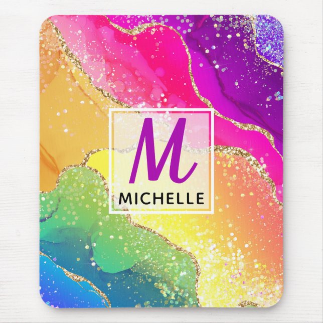 Bright Rainbow & Gold Faux Glitter Agate Monogram Mouse Pad (Front)