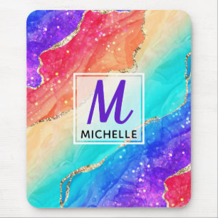 Bright Rainbow & Gold Faux Glitter Agate Monogram Mouse Pad