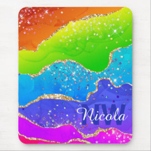 Bright Rainbow & Gold Faux Glitter Agate Monogram Mouse Pad